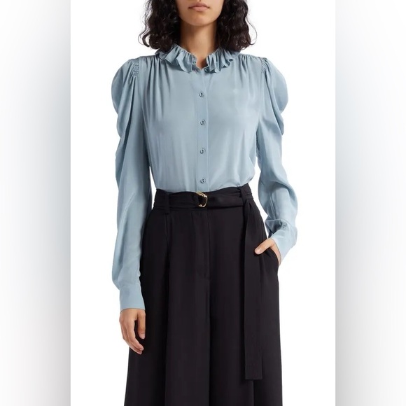 NWT Ulla Johnson Dara Ruffle Neck Silk Button-Up Blouse - Picture 3 of 7